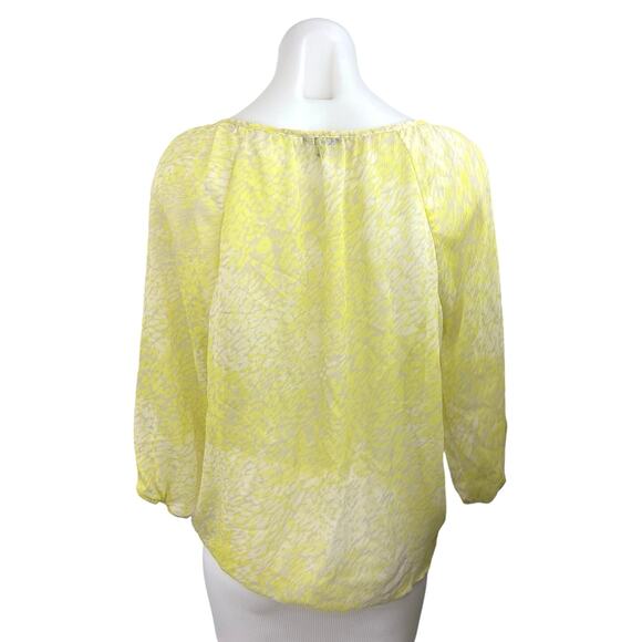 Express Yellow White Animal Print Side Tie 3/4 Sleeve Semi Sheer Blouse Top Sz M - Picture 2 of 4